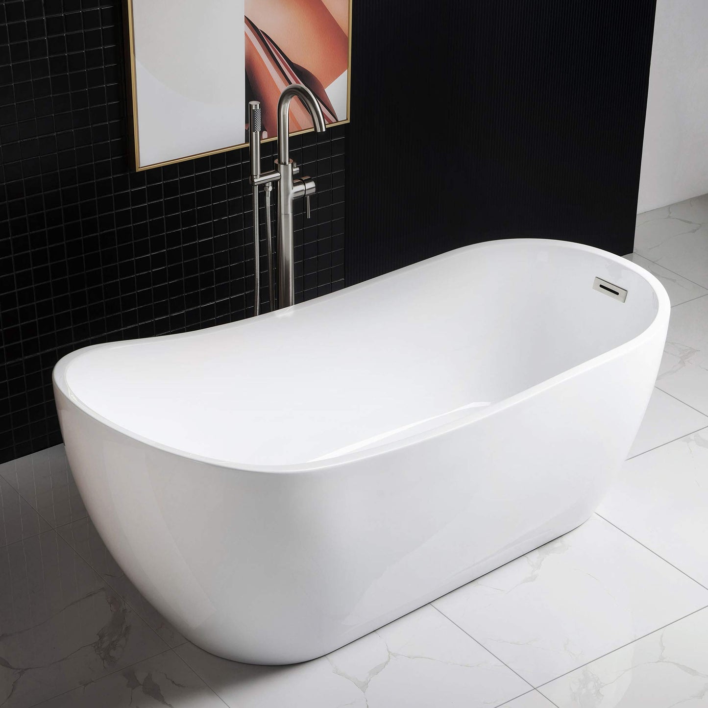WOODBRIDGE 67" Acrylic Freestanding Bathtub Contemporary Soaking Tub with Chrome Overflow and Drain, B0001-C, White