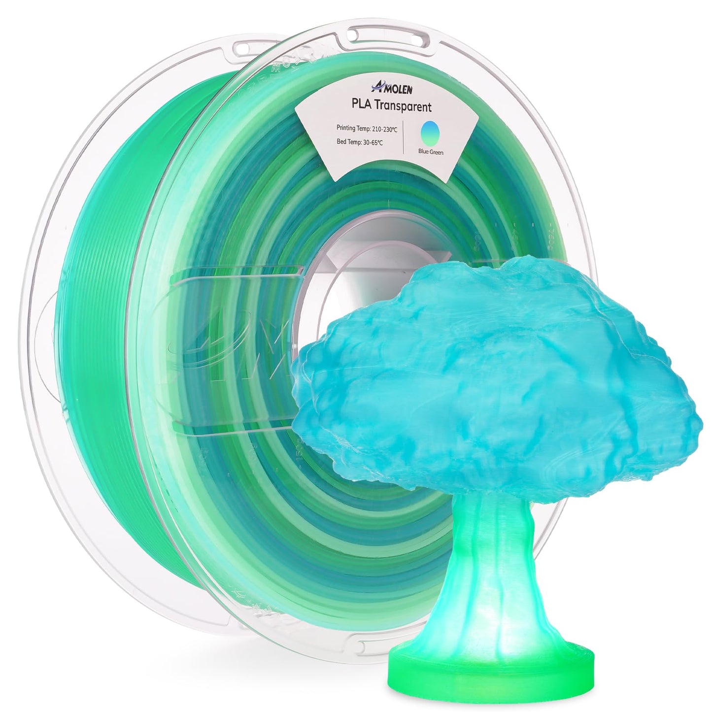 AMOLEN PLA 3D Printer Filament, PLA Filament 1.75mm Transparent Blue Green, with Light Transmission Feature, Compatible with Mos