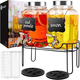 Drink Dispenser,2PACK Glass Drink Dispensers for Parties,1 Gallon Beverage Dispenser with Stand, Stainless Steel Spigot Le...