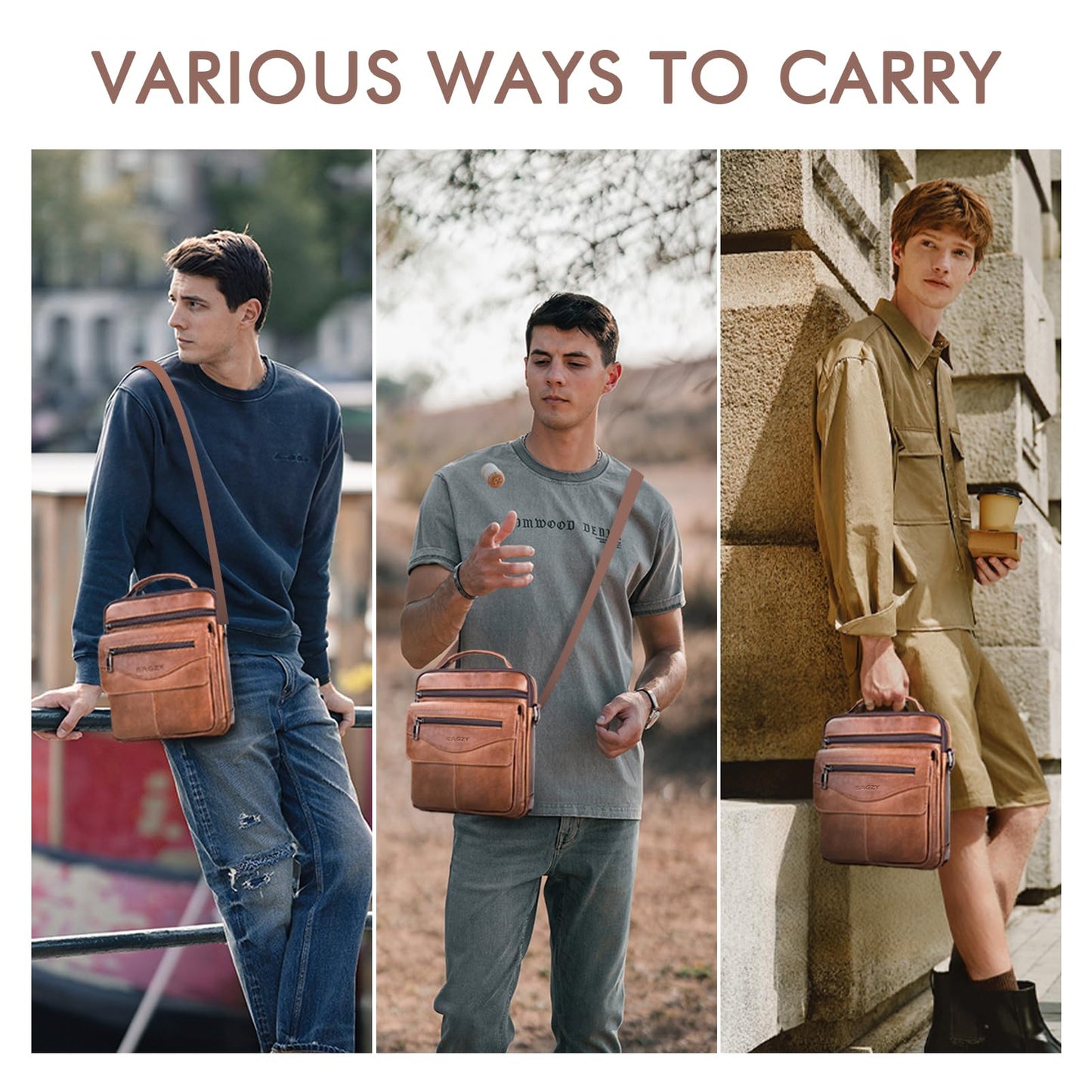 BAGZY Leather Messenger Bag for Men Shoulder Bag for Mens Handbag Crossbody Bag Large Sling Bags for 11 inch IPad Travel Business with Adjustable Shoulder Strap Brown