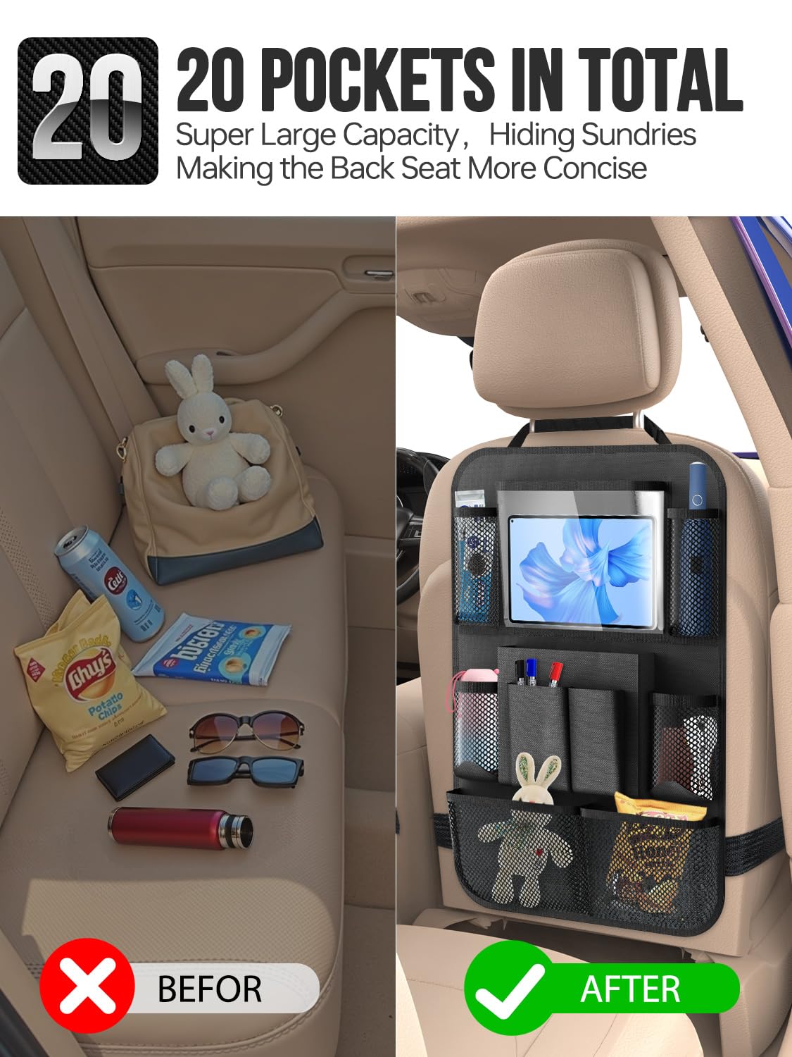 Backseat Car Organizer(20 Storage Pockets),Come with Free 1 Seat Net and 2 Headrest Hook, Touch Screen Tablet Holder, Divider for Driving Safely Children & Pets…, Car Organizer (black)