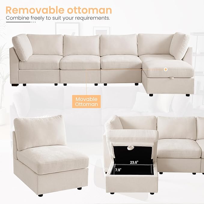 TEKAMON 123" Modular Sectional Sofa with Ottoman,Extra Large Comfy Cloud Deep Seat, Reversible Chaise Modular Sectional Couches for Living Room and Apartmenr,Beige 4seater