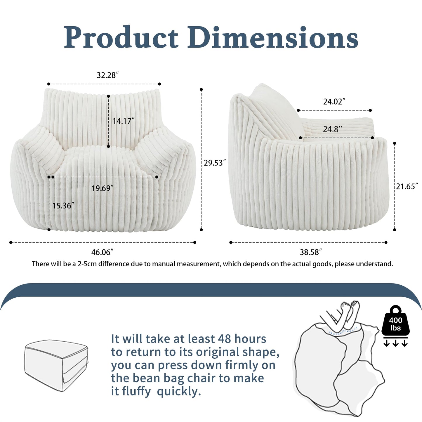 Giant Plush Bean Bag Chair for Adults with Armrests - Oversized Comfy Beige Beanbag Lounge Lazy Floor Sofa Accent Chair for Living Room, Bedroom & Dorm, Cozy Fluffy Single Cloud Mini Couch