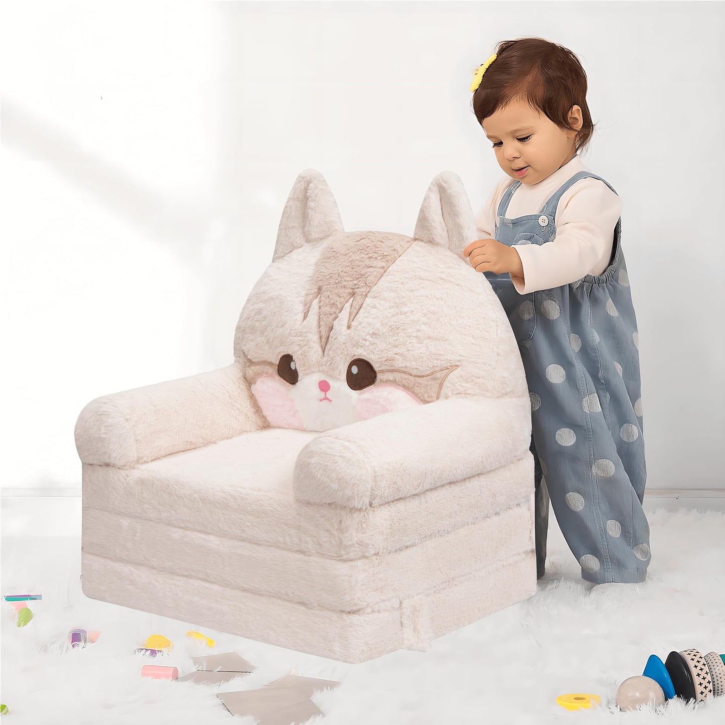 MONKISS Kids Couch, Comfy Toddler Chair, 2 in 1 Fold Out Kids Sofa to Lounger, Baby Sleeper Chair, Toddler Furniture, Birthday Gifts for Boys and Girls, 1~4 Years Old, Cute Cat