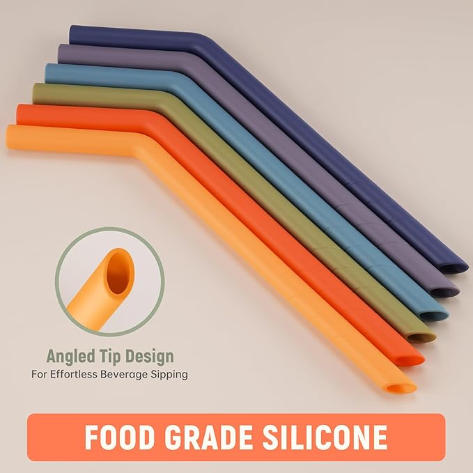 NiHome 6PCS Extra Wide Reusable Bent Silicone Straws for Boba, Smoothies, Bubble Tea, Eco-Friendly Bent Straws for Thick Drinks, Child-Safe, Customizable Length, 2 Brushes Easy Cleaning (Deep Rainbow)