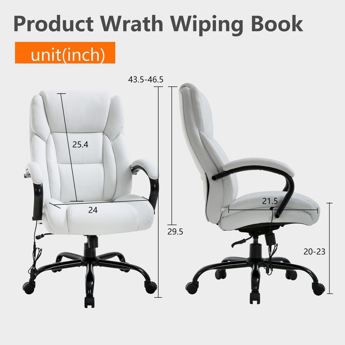 Office Chairs Big and Tall 500lbs Wide Seat for Heavy People Ergonomic Massage PU Leather Executive Chair Adjustable Rolling Swivel Computer Desk Chair with Lumbar Support Headrest Task Chair White