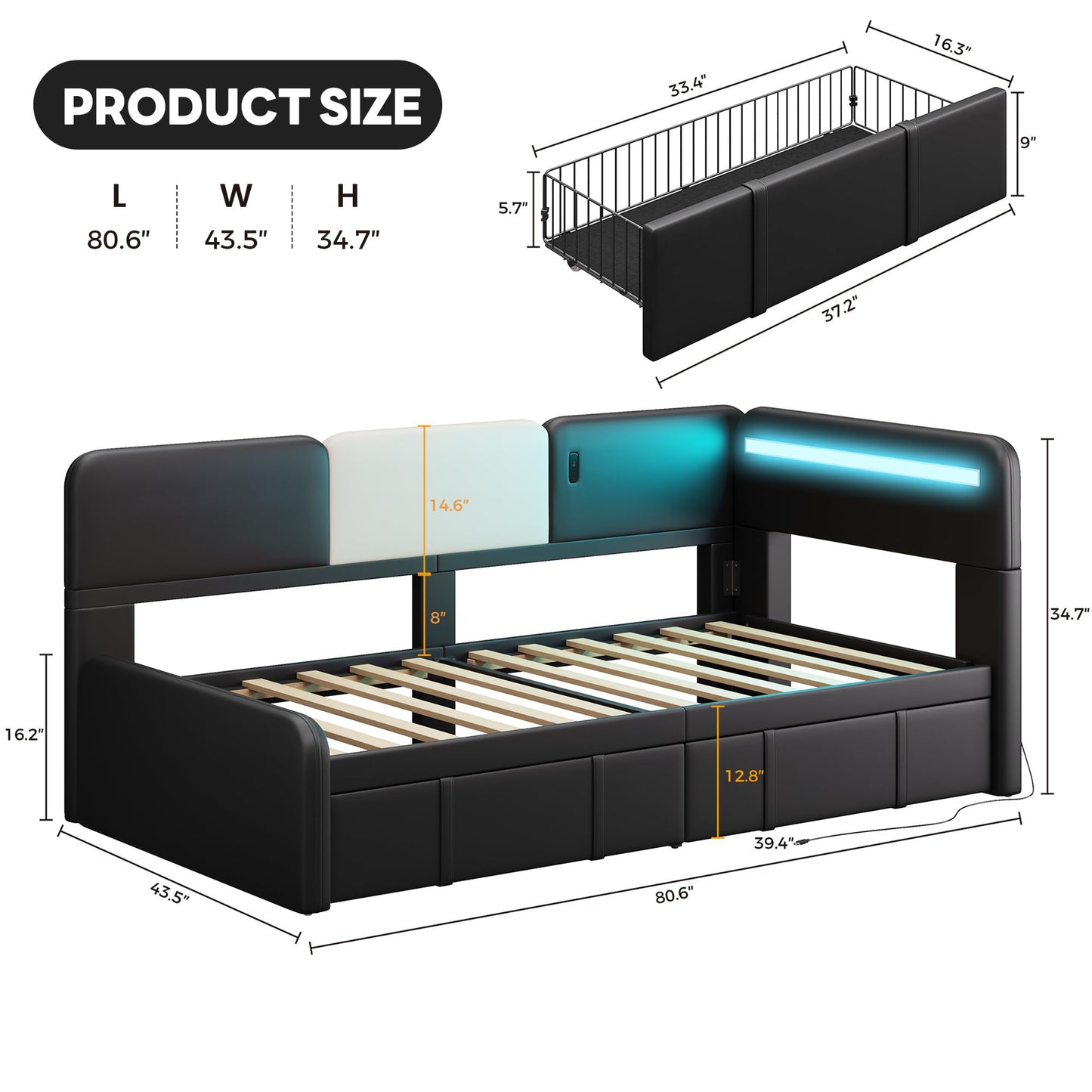 LIKIMIO Daybed with Storage, Twin Day Bed Frame with Drawers, Charging Station & LED, Sofa Bed with Strong Supports for Bedroom, Living Room, PU Leather Upholstered