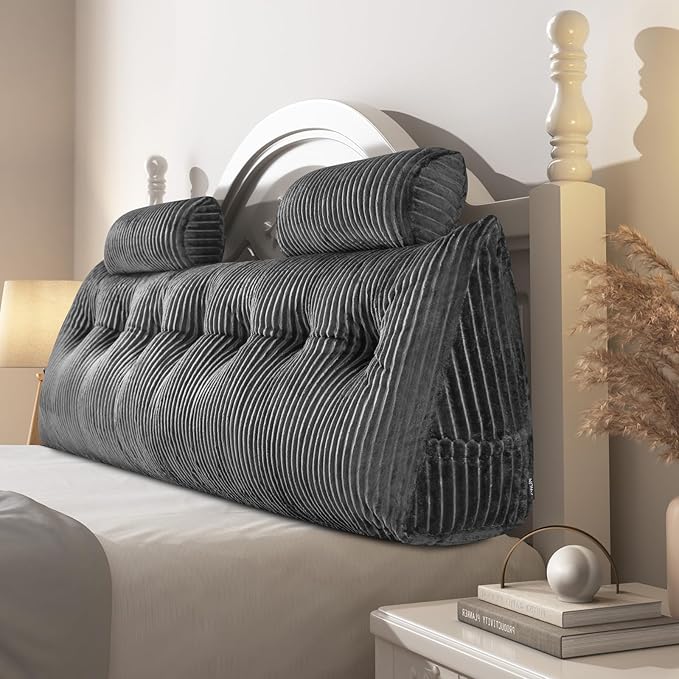 Z-hom King Size Wedge Headboard Pillow with 2 Roll Cushions, Large Reading Pillow for Bed Sitting Up, Triangular Backrest Cushion for Headboard, Supportive Pillow for Back Pain Relief, Grey