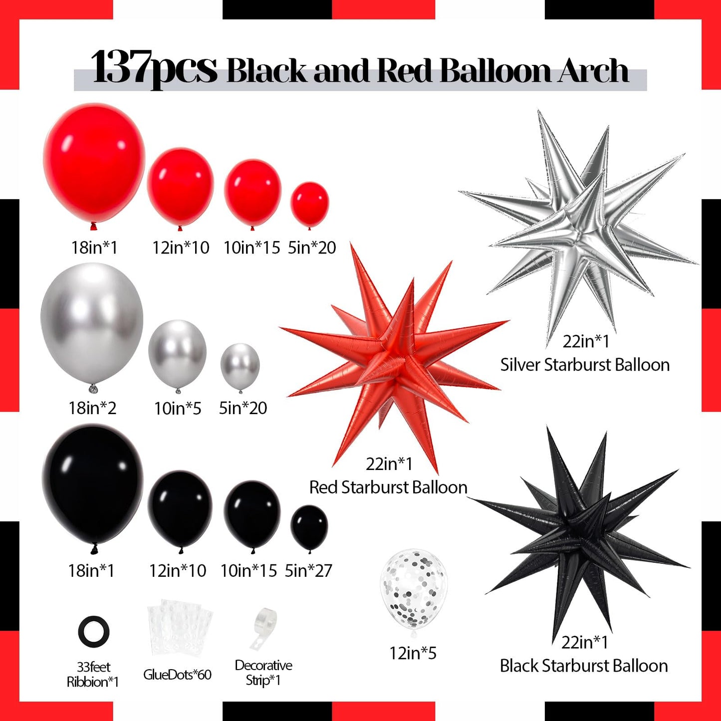 Red and Black Balloon Arch Kit with 3pcs Star Balloons, Red Black and Metallic Silver Balloons Garland Kit for Birthday Red Black Graduation 2025 New Year Party Decorations
