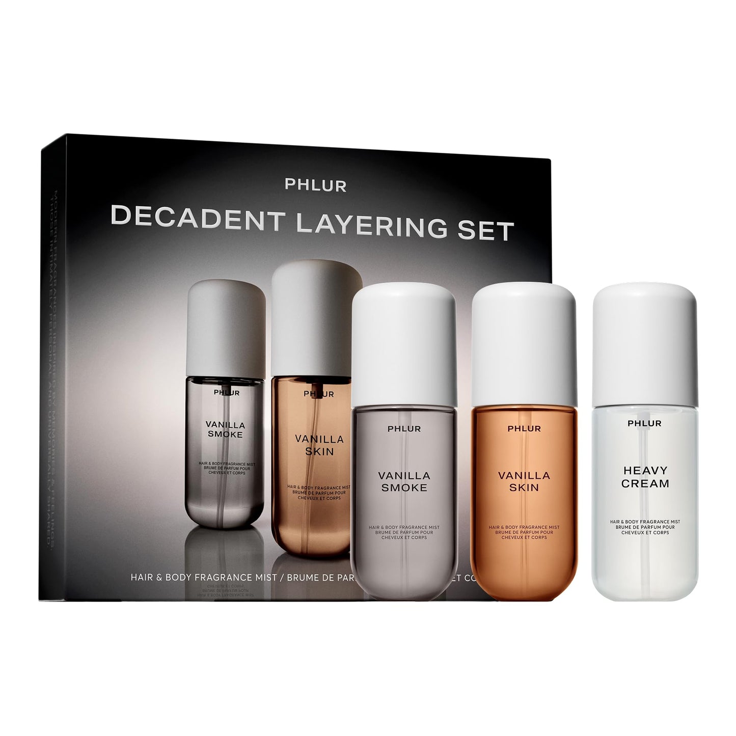 PHLUR Decadent Layering Set ($75 Value) - Travel Size Body Mist Gift Set - Vanilla Smoke, Vanilla Skin, & Heavy Cream - Fragranc