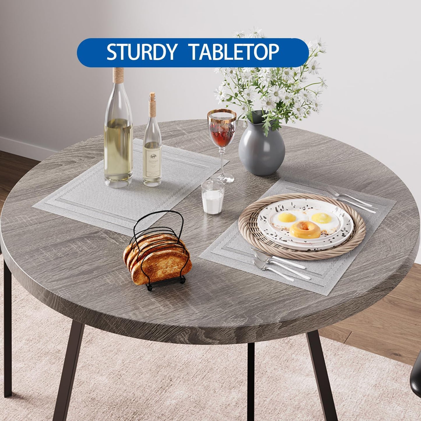 SunnyFurn Dining Table Set for 2,Kitchen Table with 2 Upholstered Chairs, Round Kitchen Table Set for Apartment,Breakfast Nook, Dining Room, and Small Space