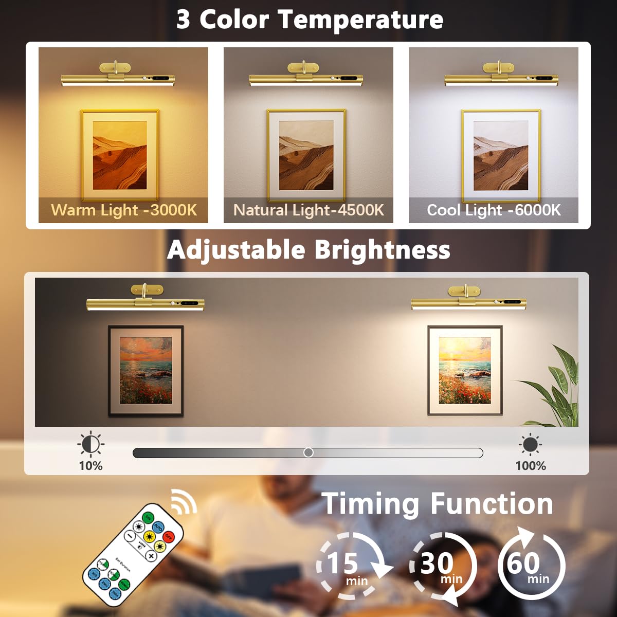 Hapfish Motion Sensor Battery Operated Wall Sconce, Wireless Picture Lights for Wall, Rechargeable Magnetic Art Lighting with Remote Control, Battery Picture Light for Poster Dartboard Mirror â Gold