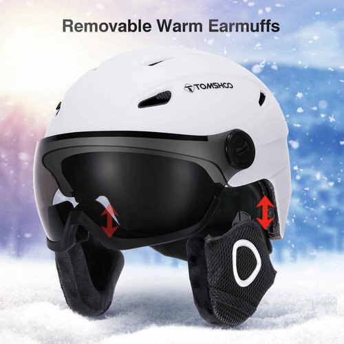 TOMSHOO Ski Snowboard Skateboard Helmet Adjustable Windproof Warm Detachable Liner Snow Winter Sports Helmet Earmuff (White with Glasses) (White, Medium)