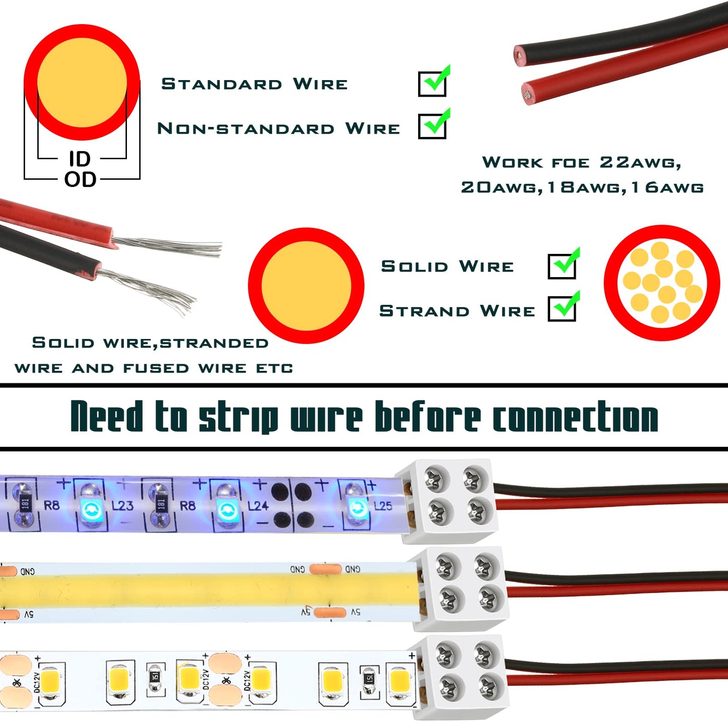 25 Pack Solderless White Led Tape Light Connectors Tighten Screw Terminal Blocks 2 Pin 10mm Connector with Screwdriver Wire to Strip Connector for 5v 12v 24v Monochrome LED Low