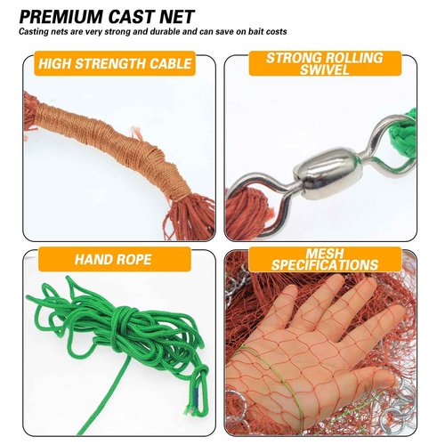 Nylon Monofilament Cast Net, American Style Hand Throwing Fishing Net with Iron Chain Weights for Saltwater and Freshwater, 3/8 Inches Mesh12FT…