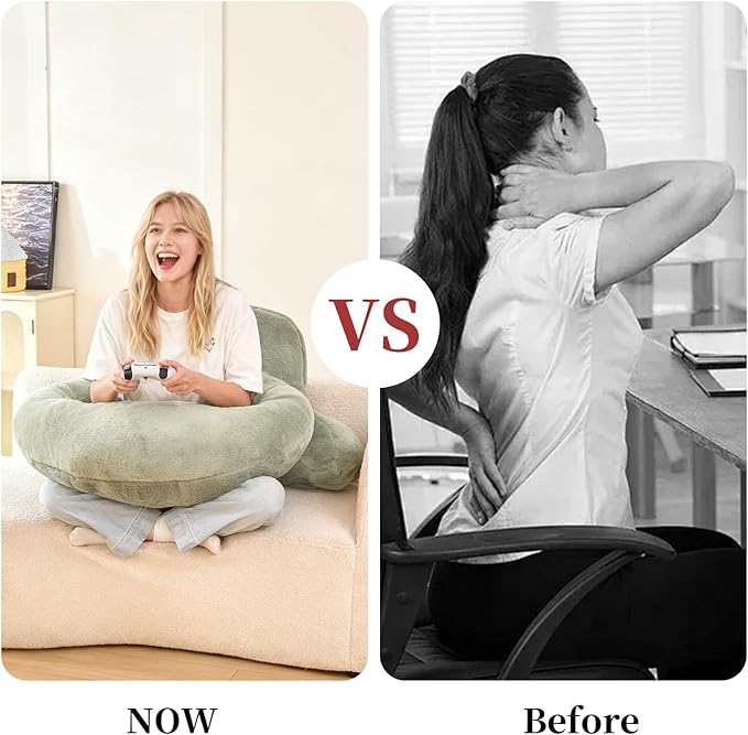 PAJEO Reading Pillow for Bed,U Shaped & Back Support Pillow for Bed,19" Backrest with Lumbar & Arm Support,Luxurious Faux Rabbit Fur,Gaming PillowFor Crochet/Reading/Watching TV,Green