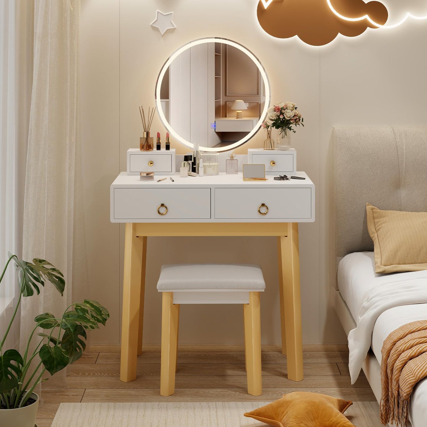 COSTWAY Vanity Table Set with LED Lighted Mirror, Makeup Dressing Table Set with 3 Color Lighting Modes & Adjustable Brightness, Vanity Desk with Cushioned Stool for Women, Girls, White