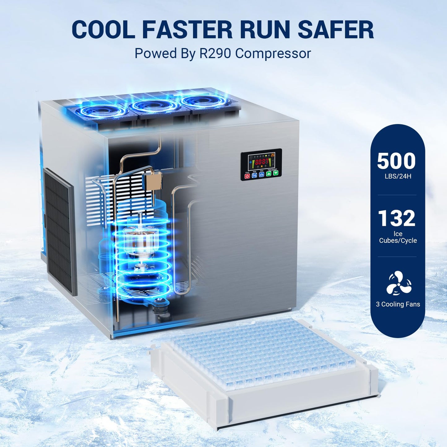 Commercial Ice Maker 500 LBS/24h,132 Ice Cubes Ready in 5-15 min with 400 LBS Storage Bin, Self-Cleaning Stainless Steel Industrial Ice Machine Perfect for Bar Restaurant Cafe