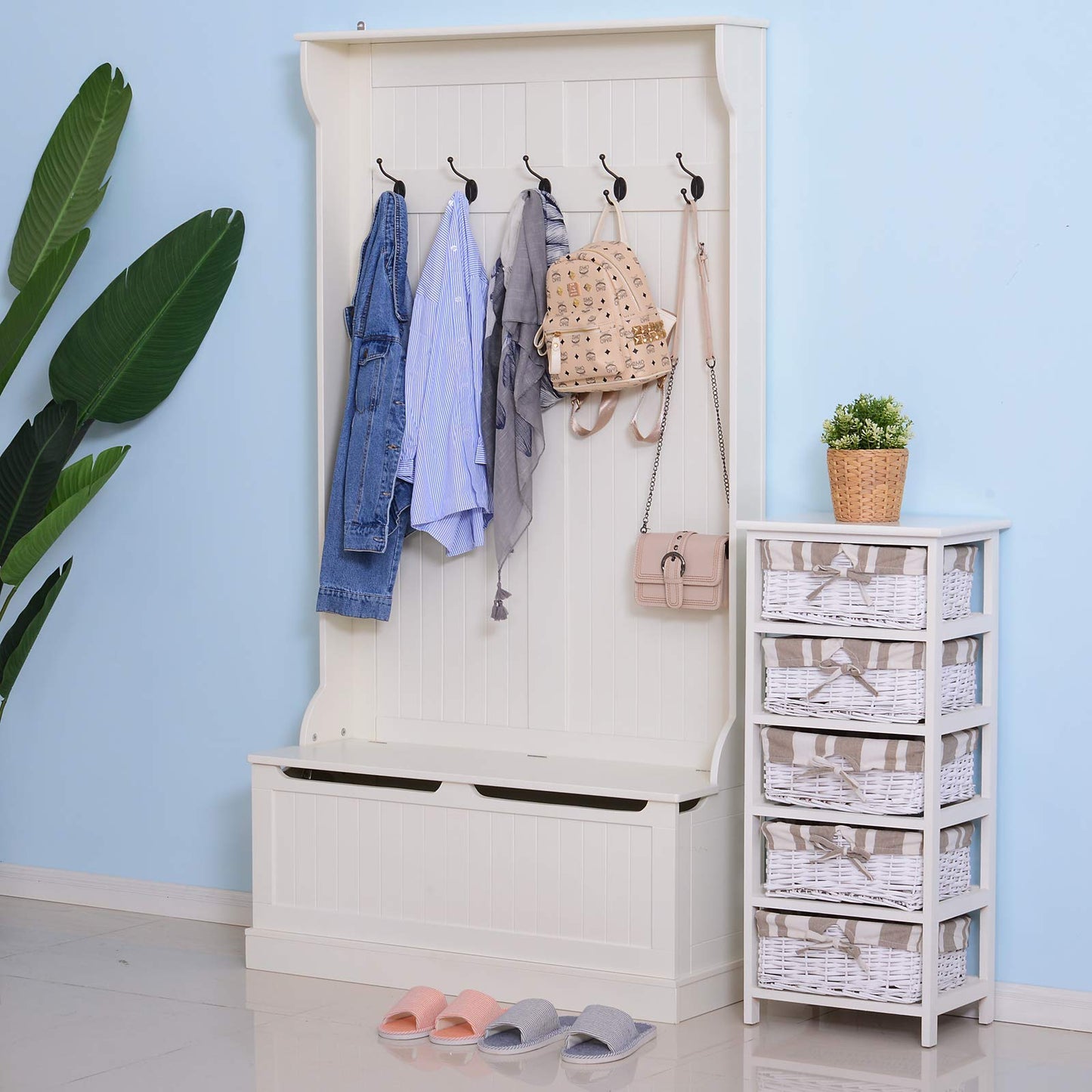HOMCOM Hall Tree with Bench and Shoe Storage, 3-In-1 Entryway Bench with Coat Rack, 5 Hooks and Flip Top Storage Compartment, Cream White