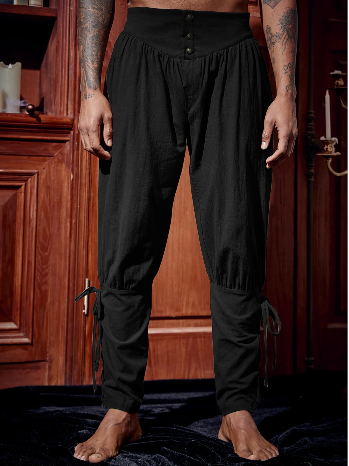 Runcati Mens Medieval Ankle Pants Renaissance Viking Pirate Lace Up Tapered Halloween Linen Costume Trousers Black