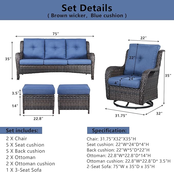 Belord 5 Piece Outdoor Patio Furniture Set - Wicker Furniture Patio Conversation Set, Outdoor Swivel Rocker Chairs with 3-Seater Sofa and 2 Ottomans for Small Space, Blue Cushion
