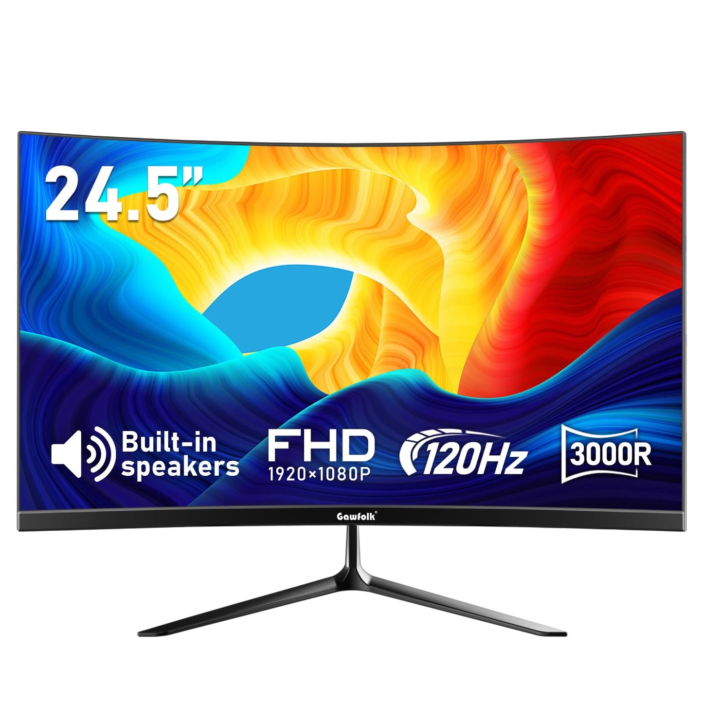 Gawfolk 24.5 Inch Gaming Curved Monitor Built-in Speakers, 3000R 120Hz PC Screen Full HD 1080P, HDMI 2.0, VGA, Wall Mount Compat