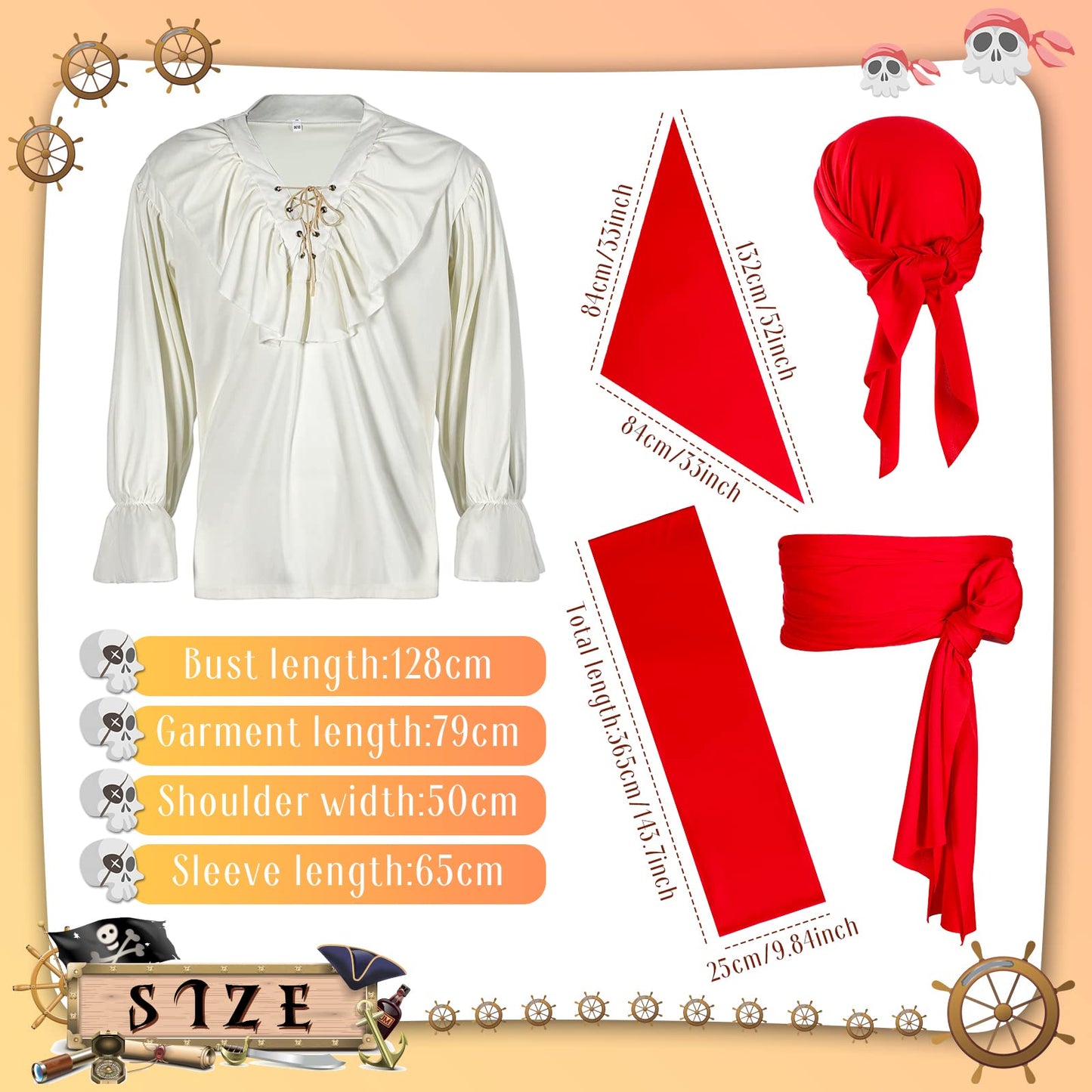 Unittype 3 Pieces Pirate Costume for Men, Pirate Shirt Head Scarf and Sash Belt Costume for Men(White, Red)