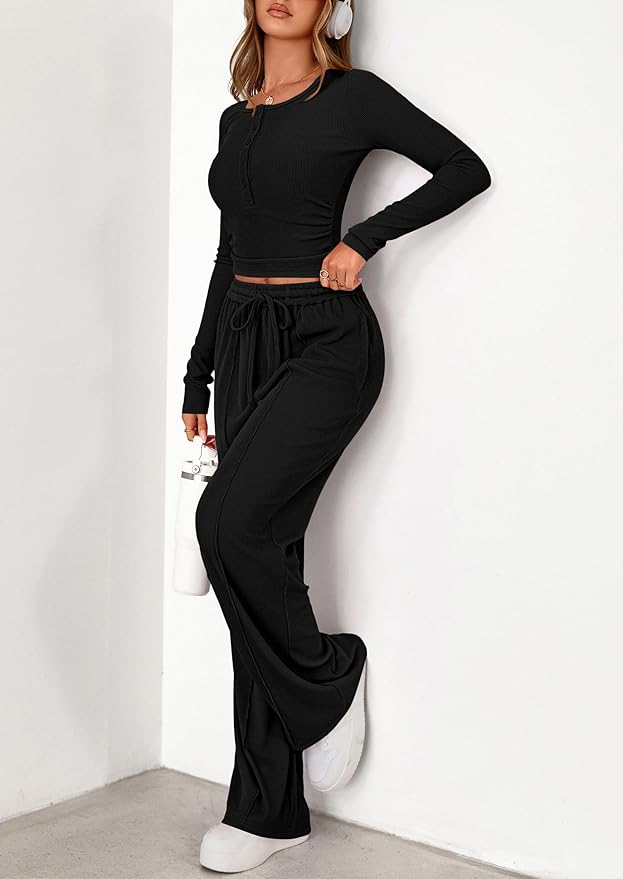 PRETTYGARDEN Women's 2026 Fall Trendy 2 Piece Outfits Lounge Sets Long Sleeve Top Henley Shirts Wide Leg Pants Travel Clothes