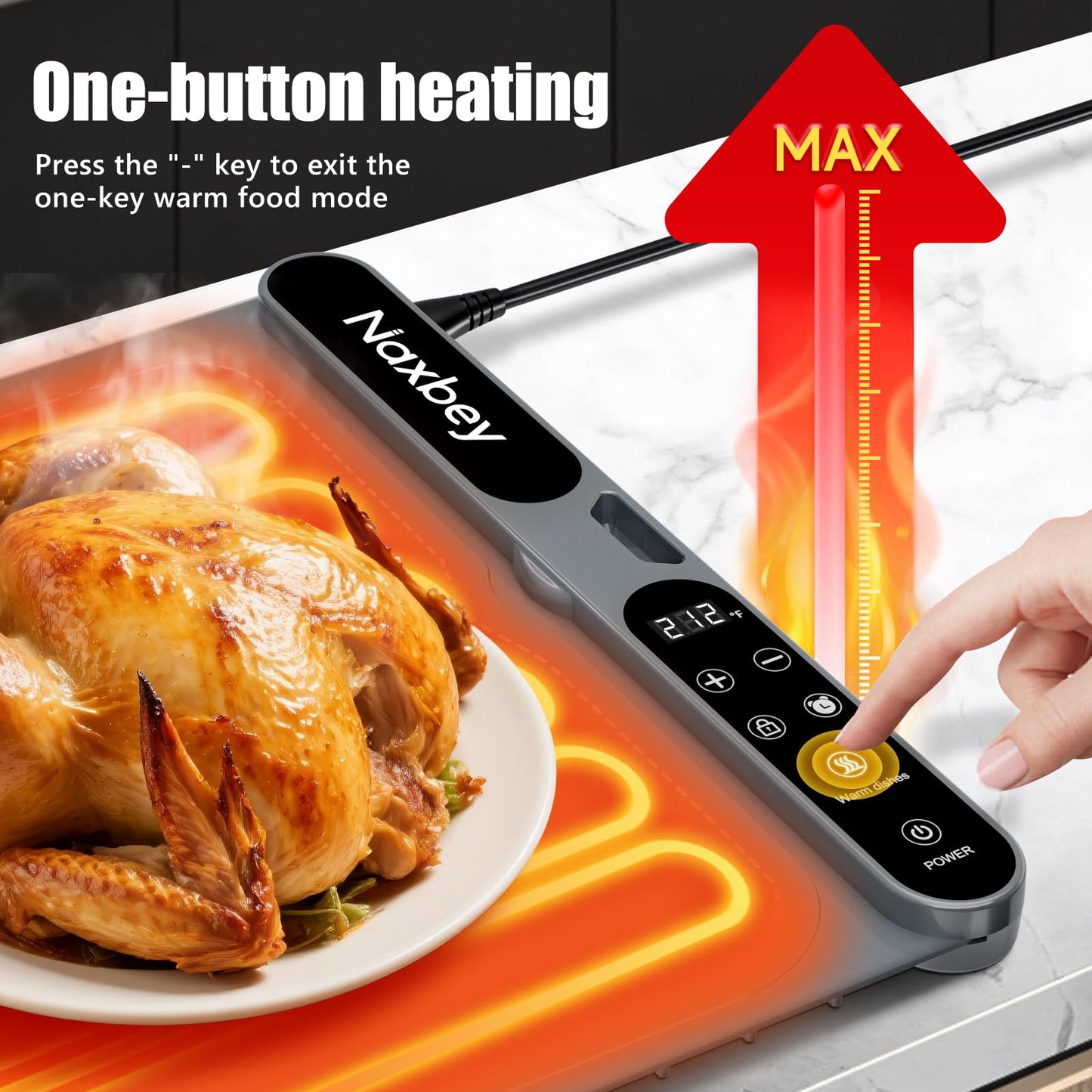 NAXBEY Warming Mat for Food, Food Warmers for Parties Buffet, Foldable Food Warming Mats for Countertops and Daily Use with Timer and 7 Temperature Levels, with one-touch heating button, 15"x23.6"