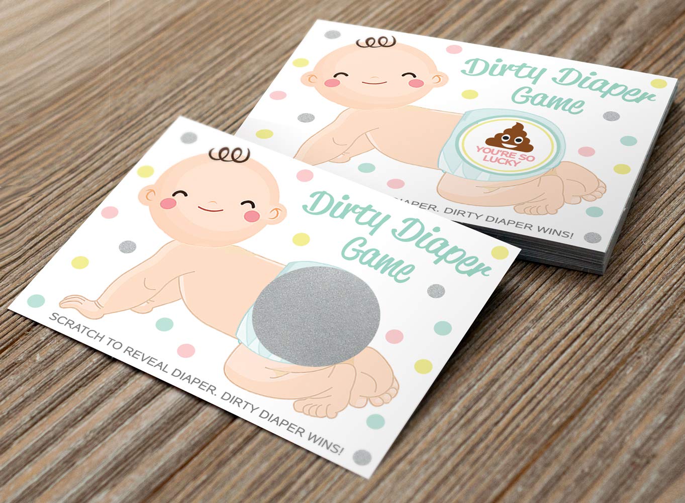 Printed Party Baby Shower Game – Dirty Diaper Scratch Off Raffle, Boy or Girl, 30 Cards and Stickers