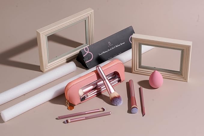 BS-MALL 14 Pcs Makeup Brushes Set with 1 Pcs Makeup Sponge – Essential Foundation Powder Concealers, Eye Shadows, Blush Makeup Brushes with Travel Makeup Case (Matte Gold Pink)