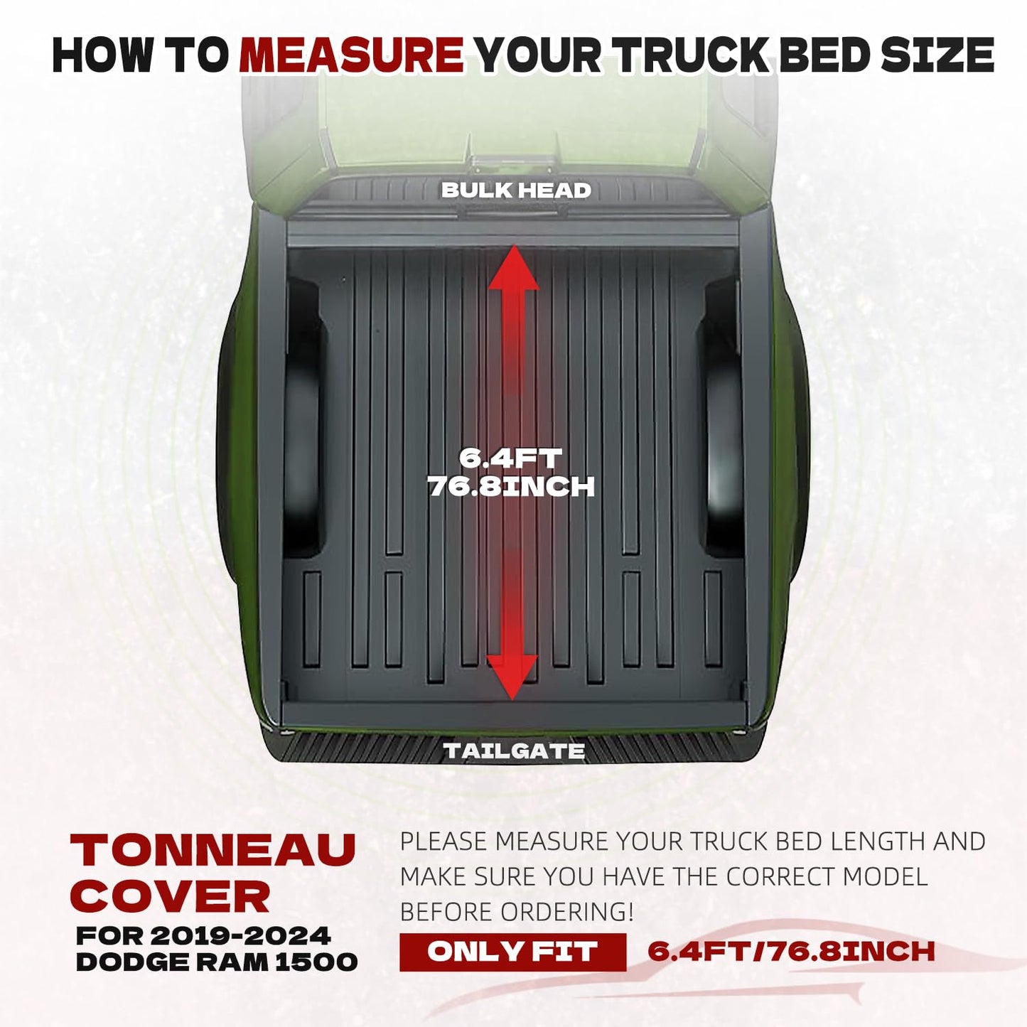 Aurorasters Soft Roll Up Truck Bed Tonneau Cover Compatible with 2019-2025 Ram 1500 New Body (Excl. Classic) | 6'4" (76") Bed w/o RamBox