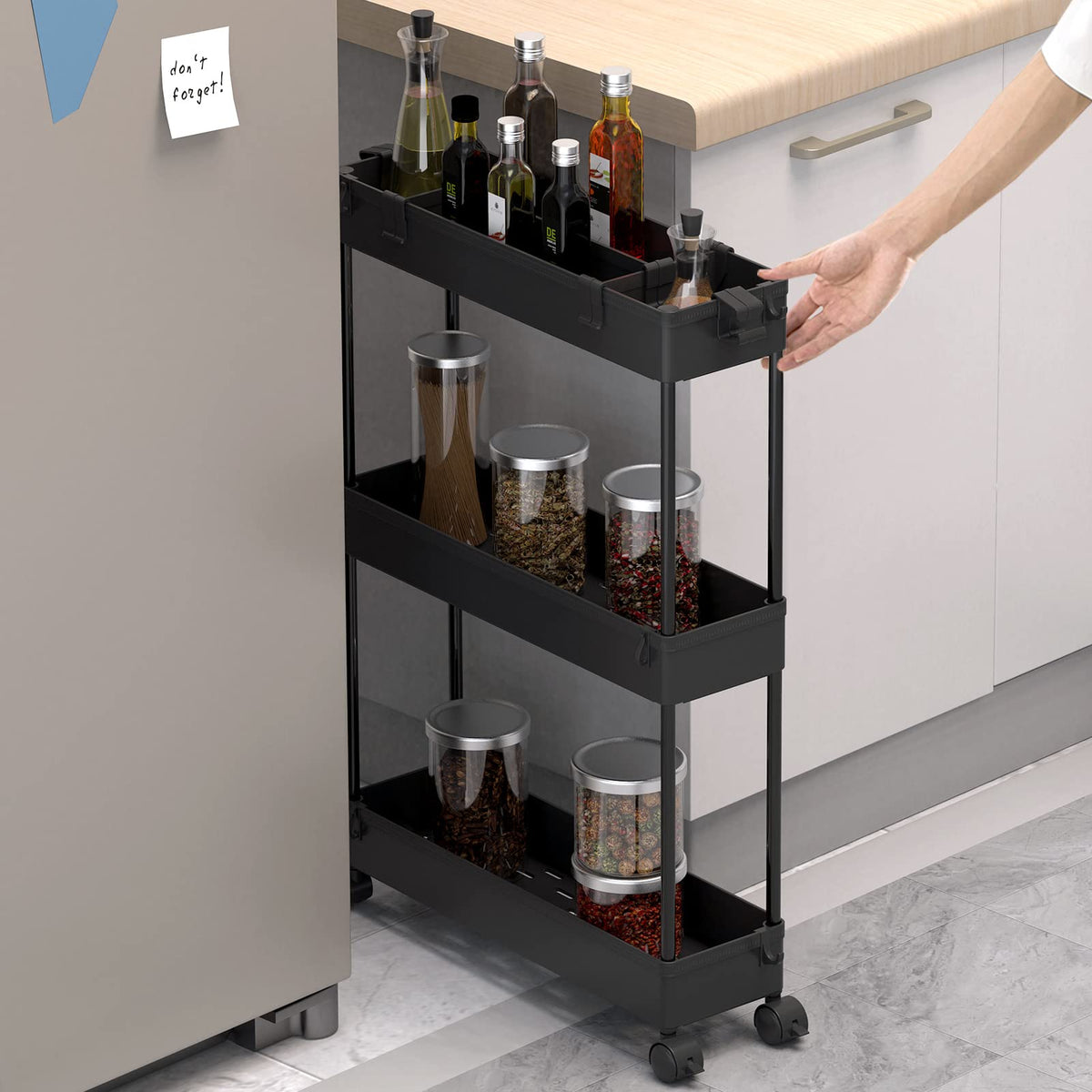 SPACELEAD Slim Storage Cart 3 Tier,Bathroom Organizer Rolling Utility,Mobile Shelving Unit Slide Out for Office, Kitchen, Laundry Room & Narrow Places,Black