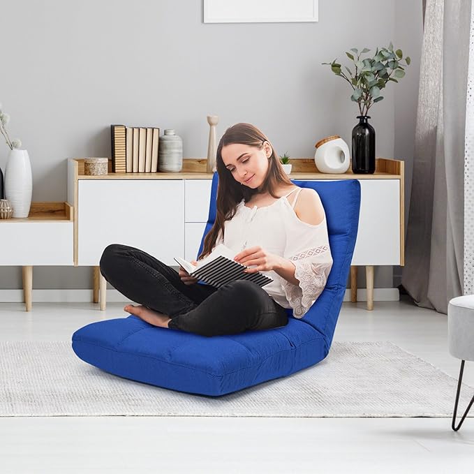 GORELAX Floor Chair with Back Support, 14-Poistion Adjustable Folding Gaming Chair Recliner, Meditation Chair with Steel Frame, Padded Lazy Sofa Chair for Adults, Kids (Blue)