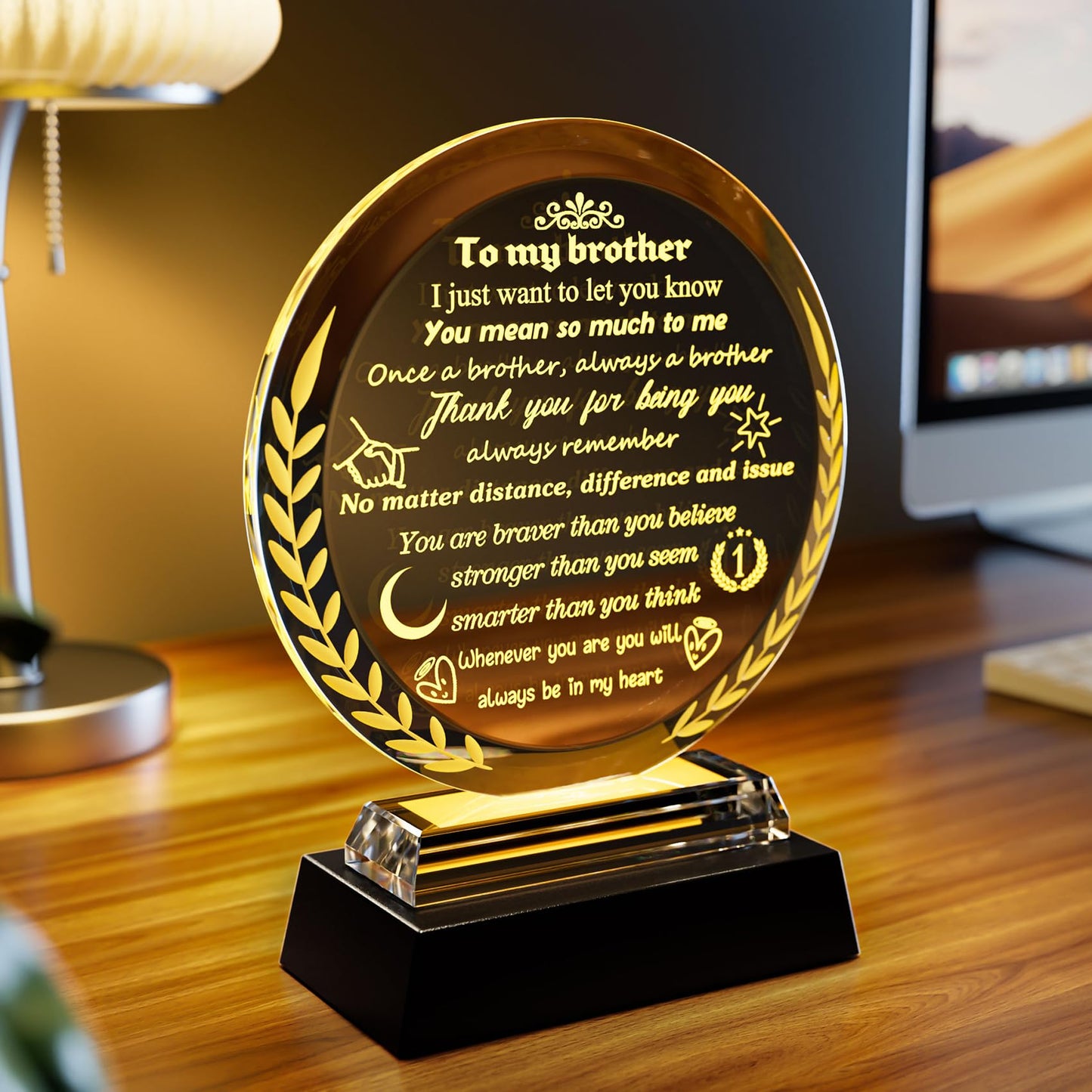 Cool Birthday Gifts for Brother Crystal Keepsake Presents with LED Light Base for Table Home Decor Adult Brother's Graduation Wedding Christmas Gifts from Sisters Brothers