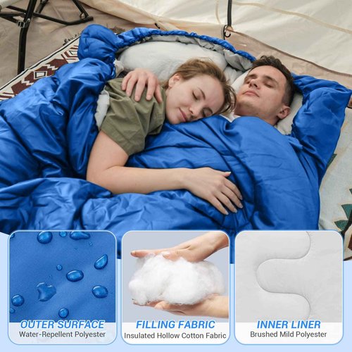 KingCamp Double Sleeping Bags for Adults, XL Big and Tall Sleeping Bag with 2 Pillows for Camping Backpacking, Waterproof, 93“*63” Queen Size for 2 Person, Lightweight Warm & Cold Camping Gear,Blue
