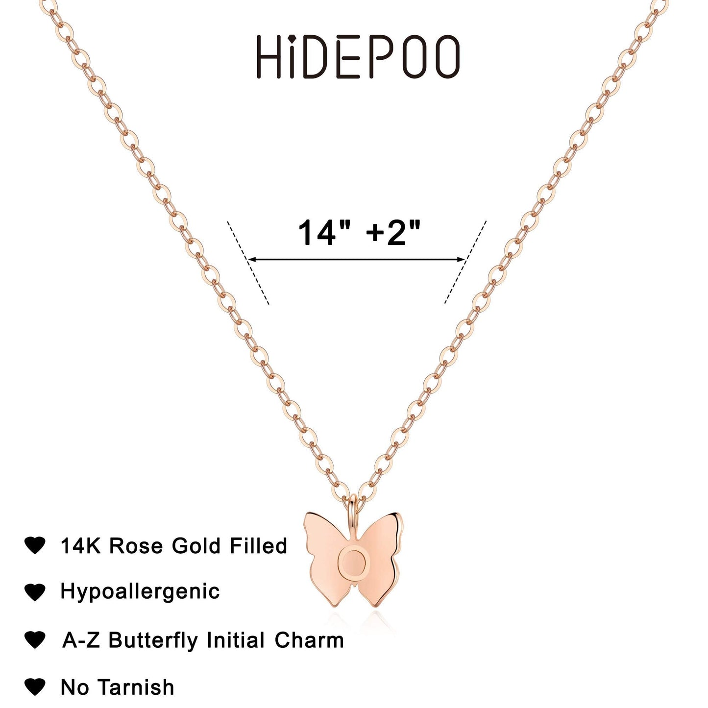 Hidepoo Initial Butterfly Necklace for Women - 14K Rose Gold Filled Initial Letter O Alphabet Butterfly Pendent Necklace Handmad