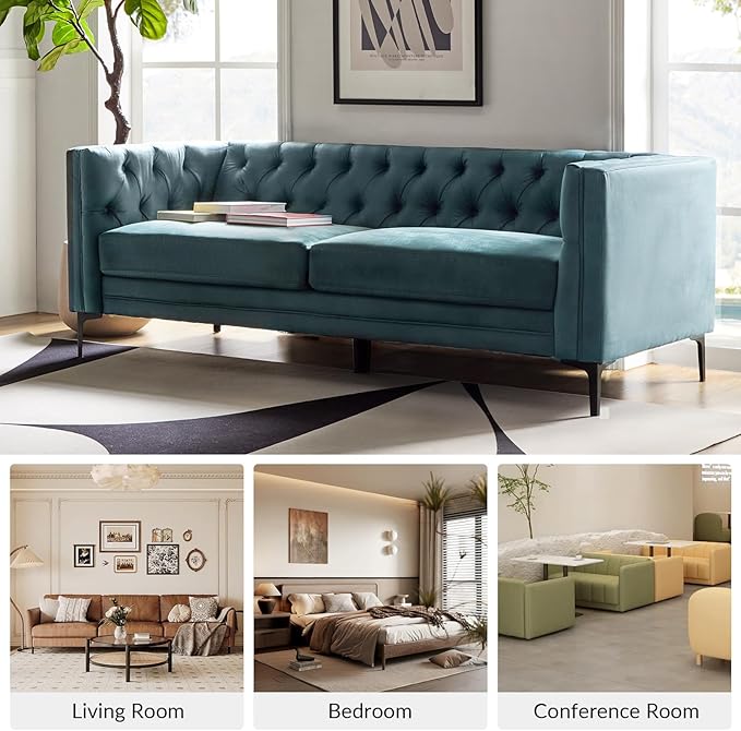 HULALA HOME 84" W Faux Leather Sofa, Mid Century Modern Couch with Metal Legs and Button Tufted, 3 Seater Contemporary Upholstered Couches for Living Room, Entertainment Area, Apartment, Blue