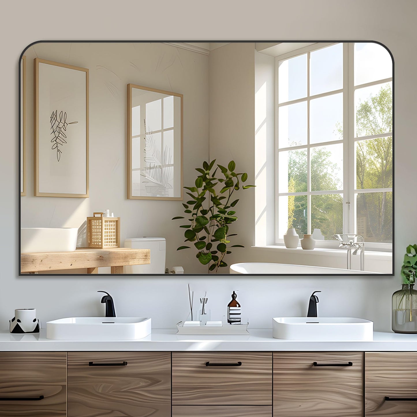 LadyNow Bathroom Mirror, 48x32 Inch Wall Mirror, Black Metal Framed Wall-Mounted Mirrors, Bathroom Vanity Mirror, Mirrors for Over Sink, Bathroom, Living Room, Bedroom, Entryway