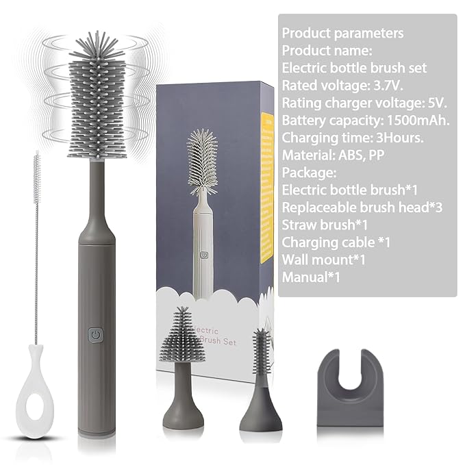 Electric Baby Bottle Brush Set with Rechargeable Electric Bottle Brush Cleaner and Replaceable Silicone Bottle Brushes and Straw Brush Cleaner, Waterproof Multi-Purpose Cleaning Brush(Grey)