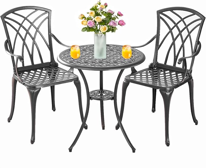 Withniture Bistro Set 3 Piece Outdoor,Cast Aluminum Outdoor Bistro Set,All Weather Bistro Table and Chairs Set of 2 with 1.97" Umbrella Hole,Patio Bistro Sets for Garden(Woven Black)
