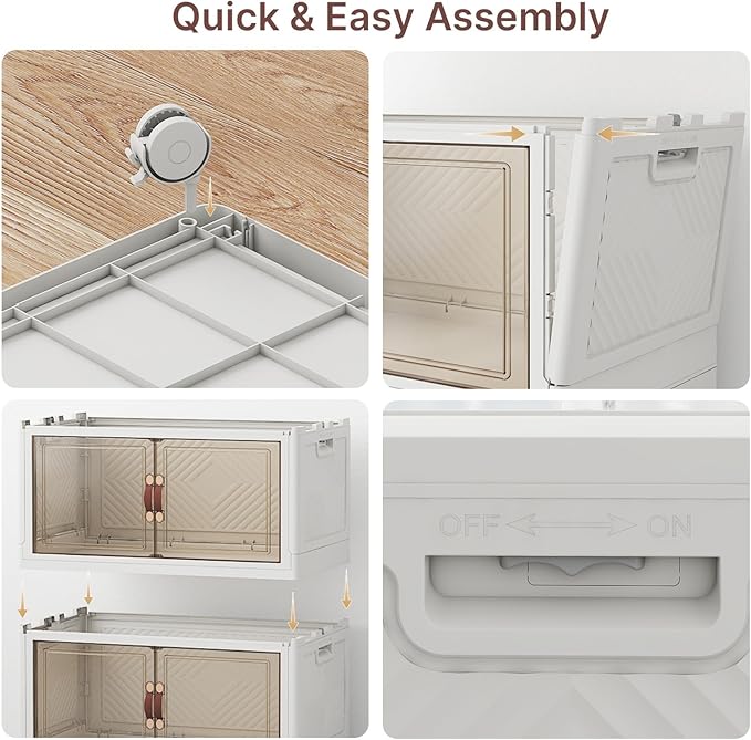 480Qt Stackable Storage Bins with Lids, 4 Pack Large Collapsible Bins with Wheels, Plastic Cabinet with Doors, Foldable Closet Organizers and Storage for Home, Dorm, Office, White