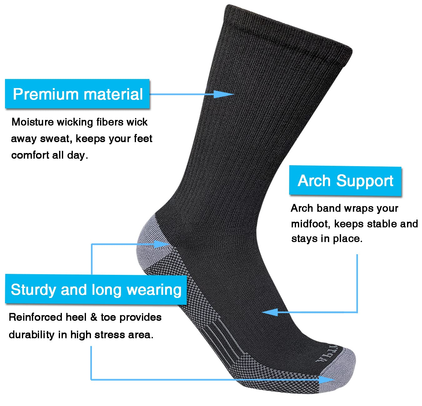 APTYID Men's Moisture Wicking Cushioned Crew Work Boot Socks, Size 9-12, Black, 6 Pairs