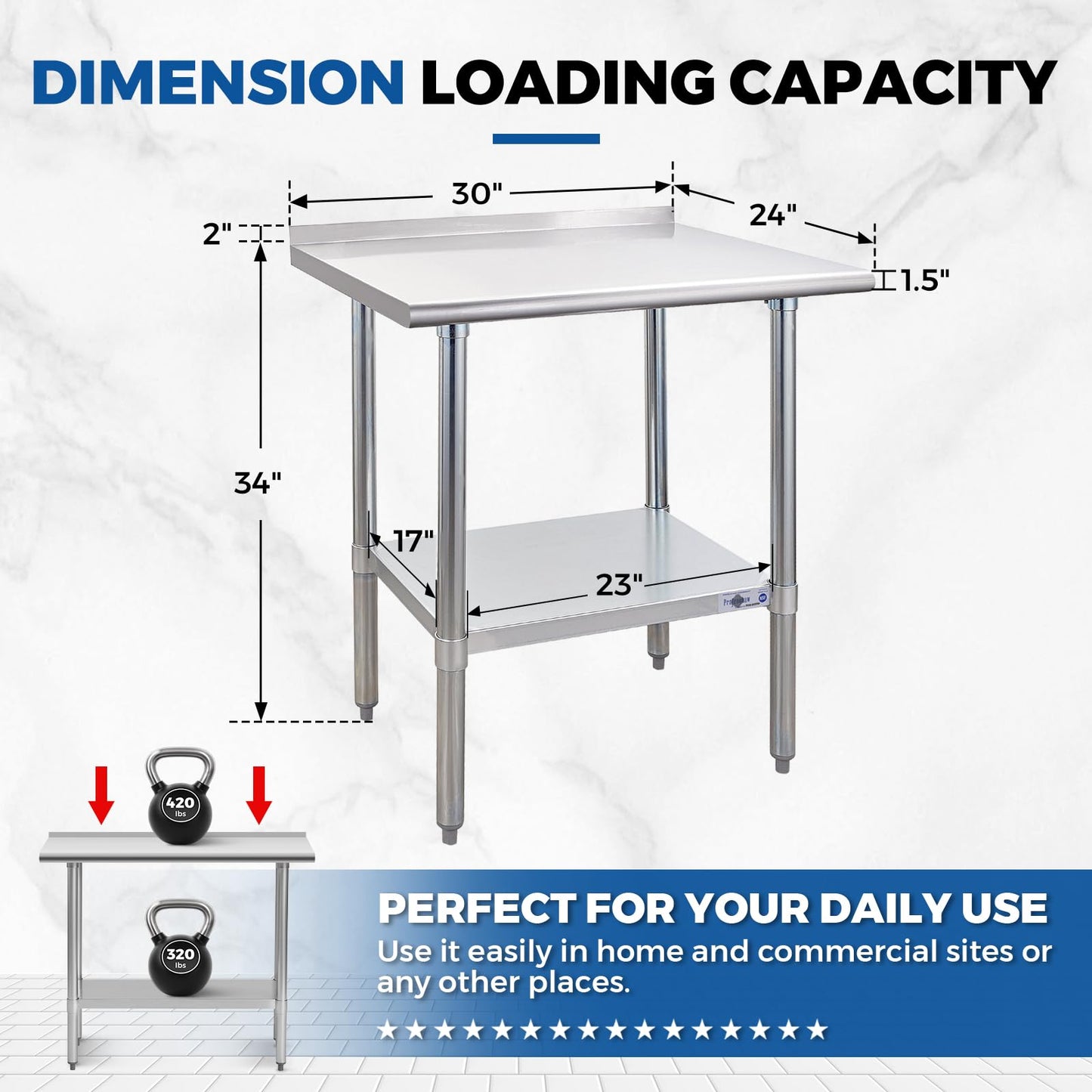 Profeeshaw Stainless Steel Prep Table NSF Commercial Work Table with Backsplash and Undershelf for Kitchen Restaurant 30x24 Inch