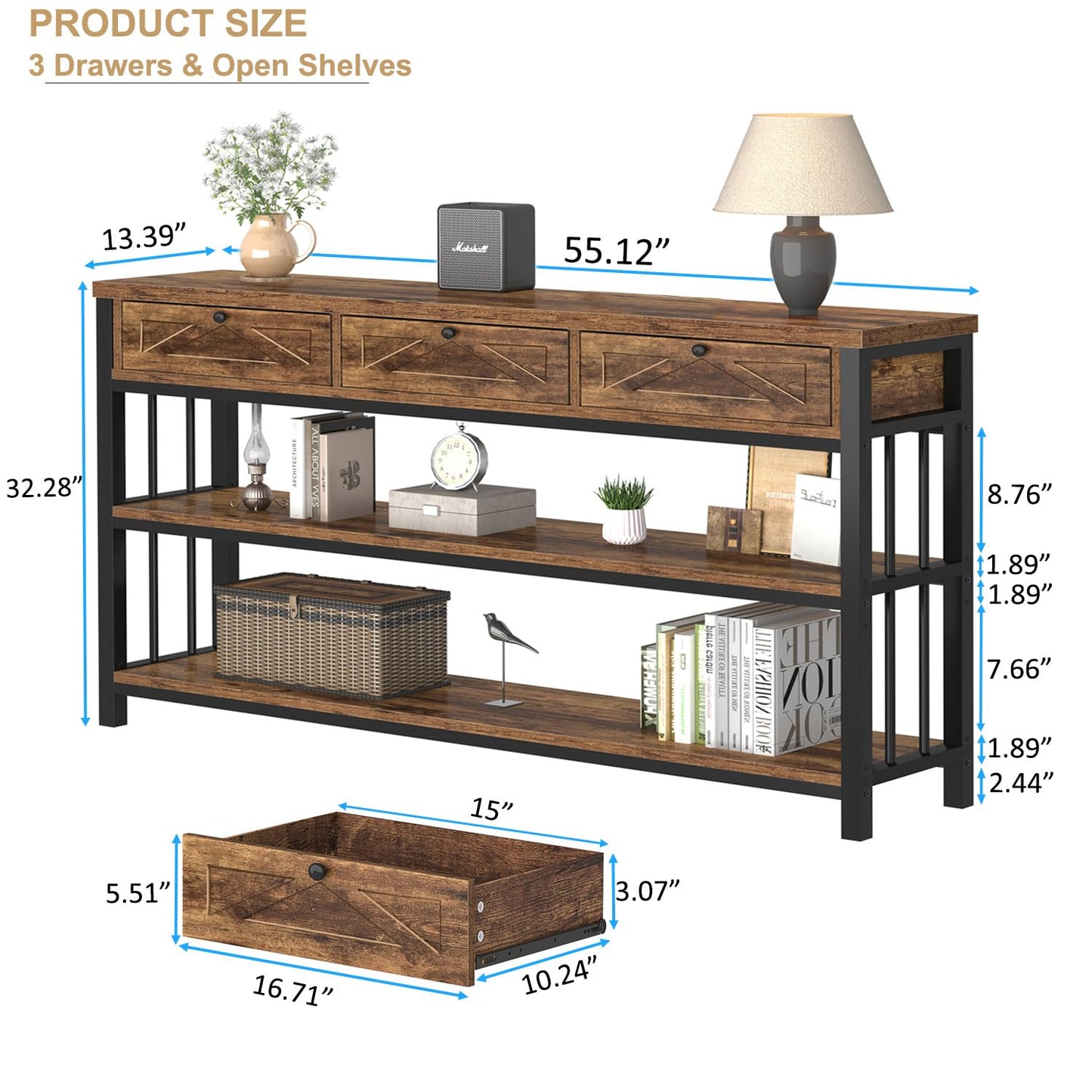 HSH Entryway Table with 3 Drawers, 55” Rustic Sofa Table with Storage Shelves, 3 Tier Console Table Behind Couch for Living Room, Farmhouse Wood Metal Entry Hallway Table for Entrance, Brown, 55 inch
