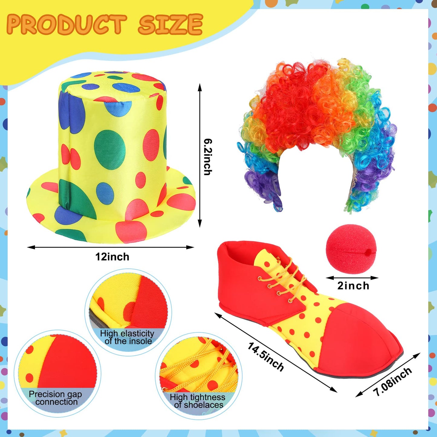 Funtery 7 Pcs Clown Costumes Set Includes Shoes, Nose, Hat, Wig, Gloves for Adults Halloween Clown Costumes