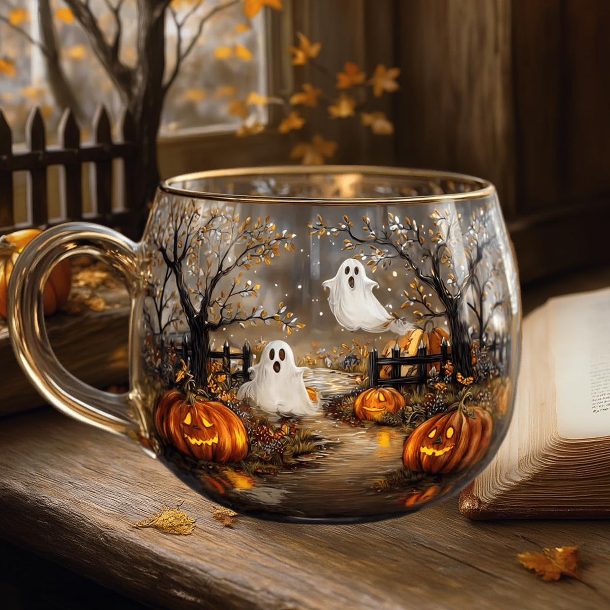 Haunted Path Halloween Mug - Hand Painted Pumpkin and Ghost Design, Spooky Coffee Mug for Halloween Gifts, Fall Decor, Microwave Safe (3.9 * 3.1 inch) (1pcs)