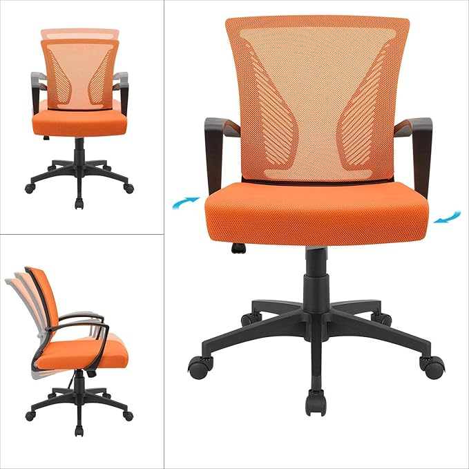 Furmax Office Chair Ergonomic Computer Desk Mesh Chair Mid Back Swivel Lumbar Support with Armrest (2, Orange)