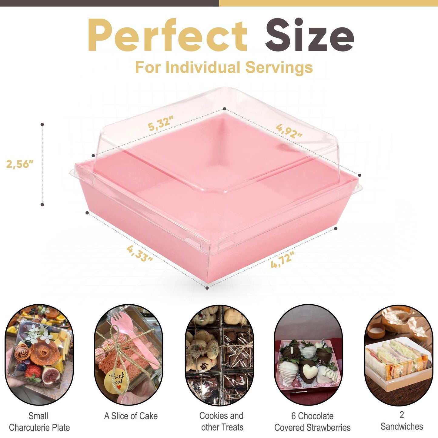 Leafiew 50 Pack Small Clear Treat Boxes - Dessert Boxes To Go - 5Inch Disposable Paper Mini Containers for Cookie, Cake Slice, Charcuterie, Bakery, Pastry, Strawberry, Baked Goods Packaging (Pink)
