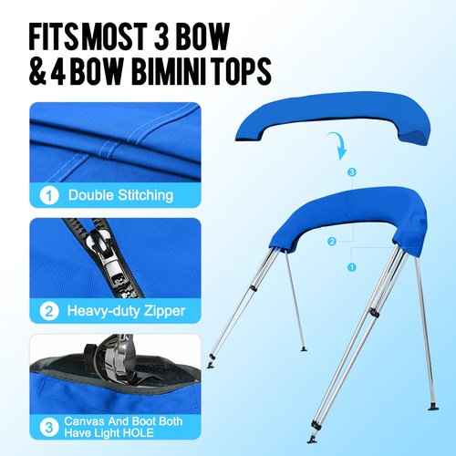 Caminor 4 Bow Bimini Top Replacement Canvas with Light Hole and Storage Boot, 900D Heavy Duty Waterproof Bimini Top Canvas Only Without Frame, 8'L 73"-78" W Blue
